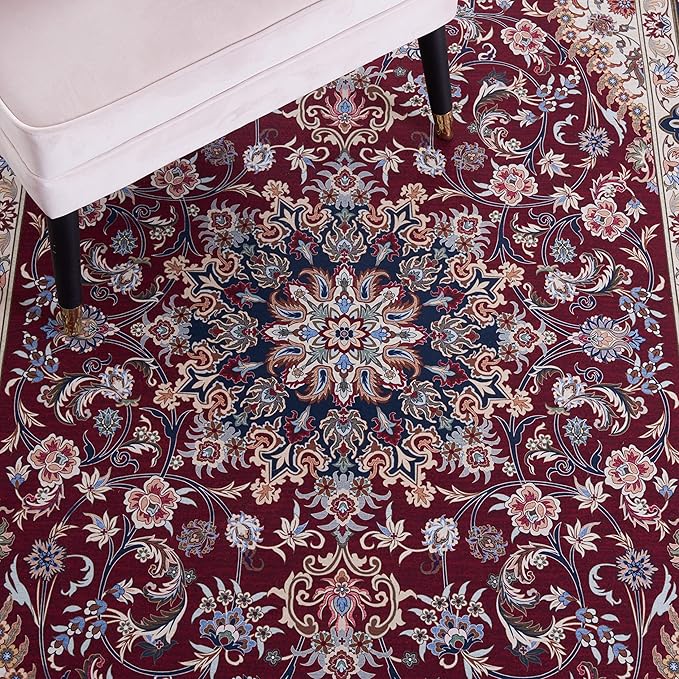 SAFAVIEH Washable Rug Tucson Collection - 8' x 10', Red & Navy, Slip Resistant & Easy to Clean, Ideal for Living Room, Bedroom, Dining Space (TSN135Q)