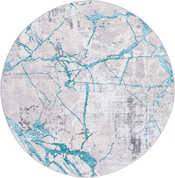 SAFAVIEH Amelia Collection 6'7" Round Grey/Aqua ALA293H Modern Abstract Non-Shedding Entryway Foyer Living Room Bedroom Kitchen Area Rug