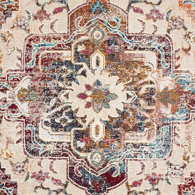 SAFAVIEH Crystal Collection Area Rug - 7' Round, Light Blue & Burgundy, Medallion Distressed Design, Non-Shedding & Easy Care, Ideal for High Traffic Areas in Living Room, Bedroom (CRS501F)