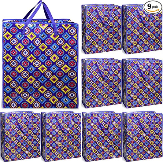 9 Pieces Extra Large Moving Bags, 90 L Heavy Duty Storage Tote with Zipper Carrying Handle, Plastic Laundry Clothes Packing Bags for Space Saving, Traveling, College Supplies