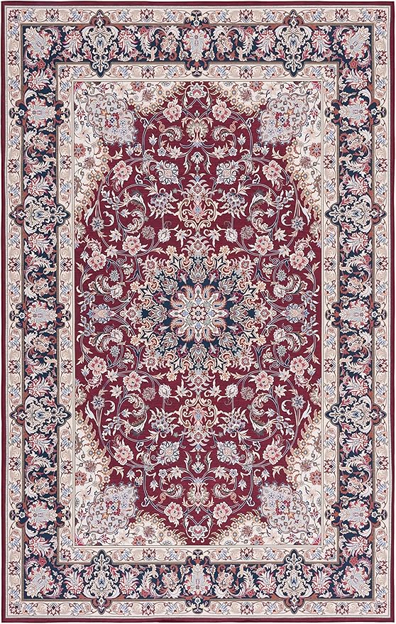 SAFAVIEH Washable Rug Tucson Collection - 4' x 6', Red & Navy, Slip Resistant & Easy to Clean, Ideal for Foyer, Kitchen, Nursery, Office, Bedroom (TSN135Q)