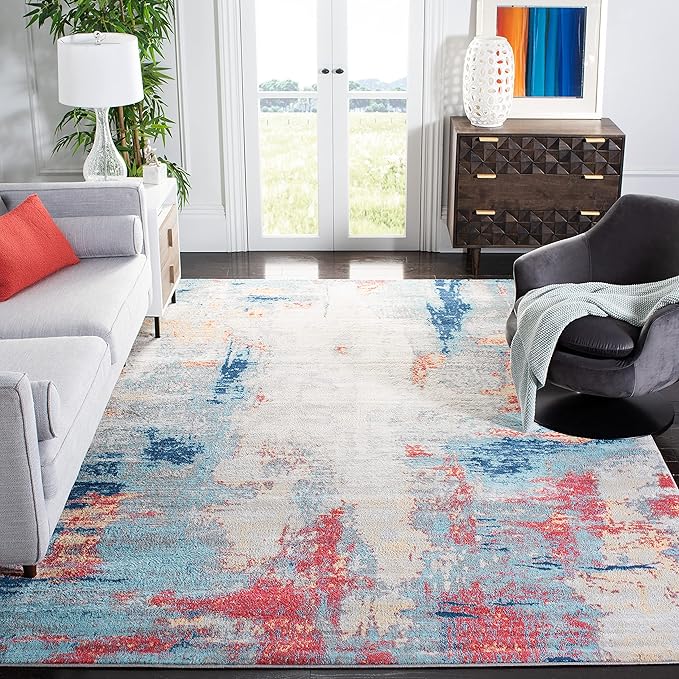 SAFAVIEH Jasper Collection X-Large Area Rug - 12' x 18', Grey & Red, Modern Abstract Design, Non-Shedding & Easy Care, Ideal for High Traffic Areas in Living Room, Bedroom (JSP101C)