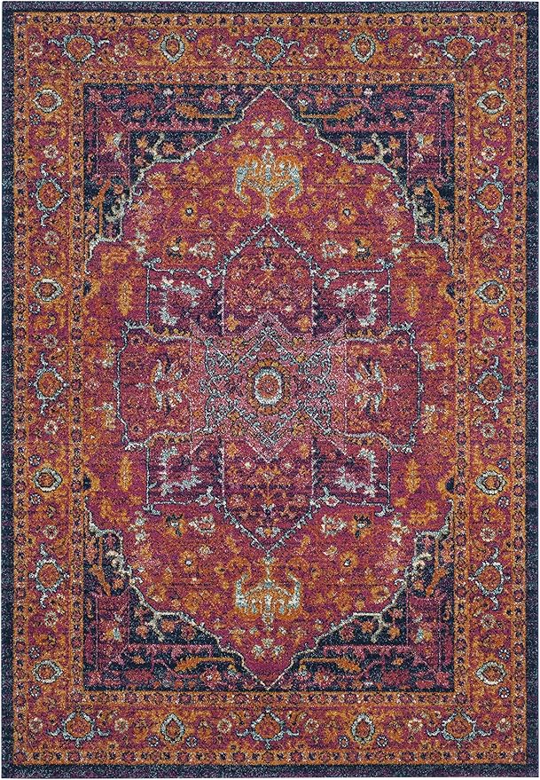 SAFAVIEH Evoke Collection 6'7" x 9' Fuchsia / Orange EVK275S Oriental Medallion Distressed Non-Shedding Living Room Bedroom Dining Home Office Area Rug