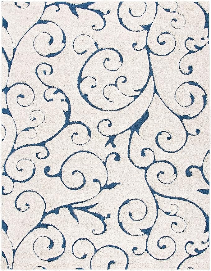 SAFAVIEH Florida Shag Collection Area Rug - 9'6" x 13', Cream & Blue, Scroll Design, Non-Shedding & Easy to Clean, High-Low Plush Pile, Ideal for Living Room, Bedroom, Dining Space (SG455-1165)