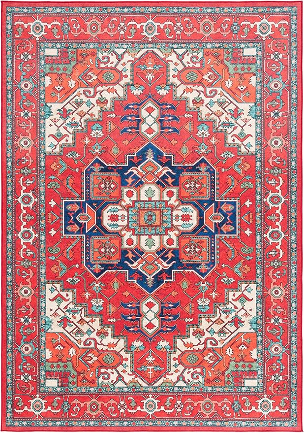SAFAVIEH Washable Rug Orlando Collection - 5' x 7'6", Red & Beige, Non-Shedding & Easy to Clean, Ideal for Living Room, Bedroom, Dining Space (ORL758Q)