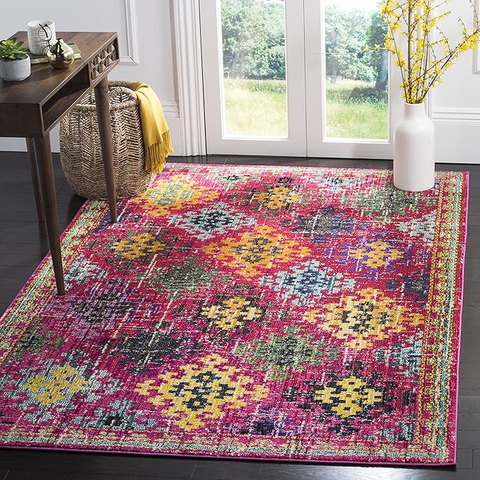 SAFAVIEH Monaco Collection Area Rug - 6'7" Square, Fuchsia & Multi, Boho Diamond Trellis Design, Non-Shedding & Easy Care, Ideal for High Traffic Areas in Living Room, Bedroom (MNC244D)
