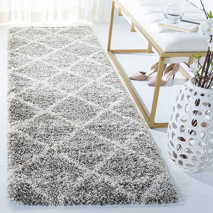 SAFAVIEH Hudson Shag Collection Runner Rug - 2'3" x 8', Distressed Grey & Ivory, Trellis Design, Non-Shedding & Easy Care, 2-inch Thick Ideal for High Traffic Areas in Living Room, Bedroom (SGH281K)