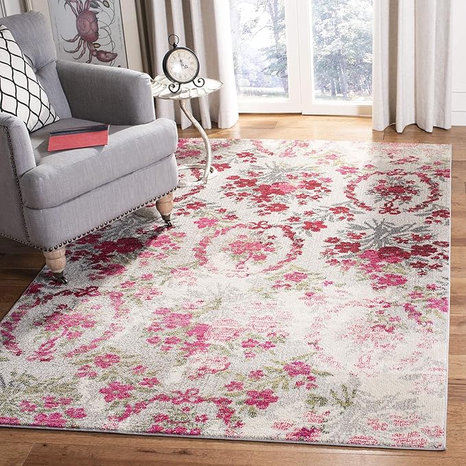 SAFAVIEH Monaco Collection Area Rug - 8' x 10', Ivory & Pink, Floral Design, Non-Shedding & Easy Care, Ideal for High Traffic Areas in Living Room, Bedroom (MNC205R)