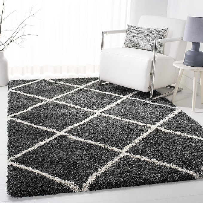 SAFAVIEH Hudson Shag Collection Accent Rug - 3' x 5', Dark Grey & Ivory, Trellis Design, Non-Shedding & Easy Care, 2-inch Thick Ideal for High Traffic Areas in Foyer, Living Room, Bedroom (SGH281G)