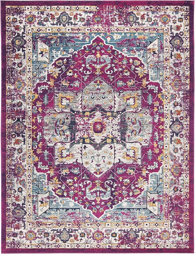 SAFAVIEH Evoke Collection Area Rug - 9' x 12', Fuchsia & Ivory, Oriental Medallion Distressed Design, Non-Shedding & Easy Care, Ideal for High Traffic Areas in Living Room, Bedroom (EVK275R)