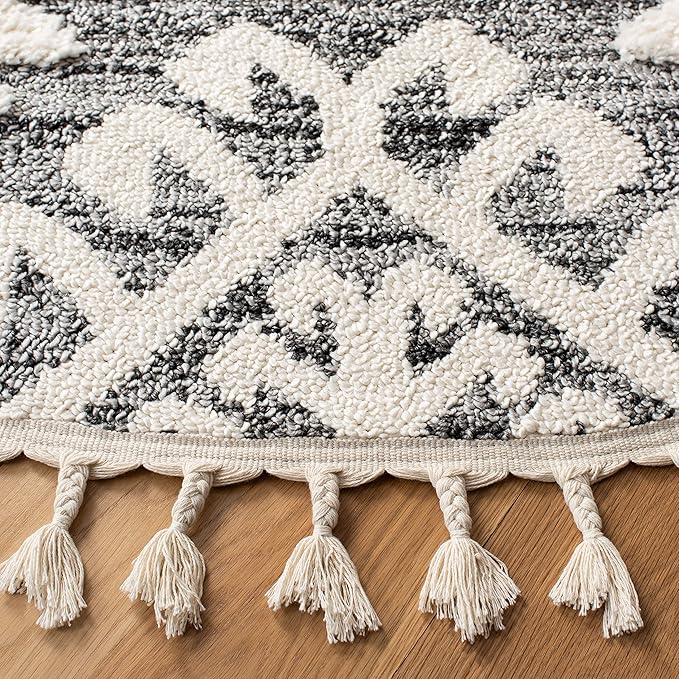 SAFAVIEH Moroccan Tassel Shag Collection Area Rug - 11' Round, Ivory & Grey, Boho Design, Non-Shedding & Easy Care, 2-inch Thick Ideal for High Traffic Areas in Living Room, Bedroom (MTS652F)