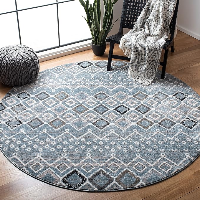 SAFAVIEH Amsterdam Collection 3' Round Blue/Ivory AMS108L Moroccan Boho Non-Shedding Living Room Bedroom Area Rug