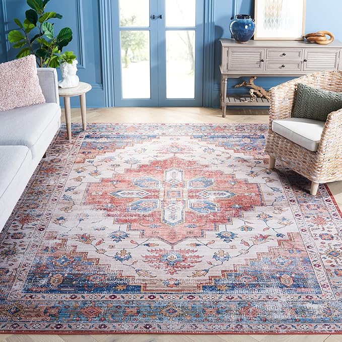 SAFAVIEH Washable Rug Tucson Collection - 9' x 12', Beige & Blue, Slip Resistant & Easy to Clean, Ideal for Living Room, Bedroom, Dining Space (TSN109B)