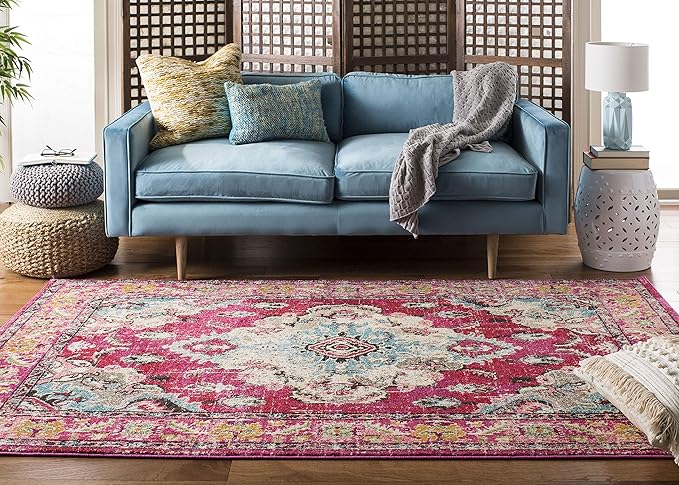 SAFAVIEH Monaco Collection Area Rug - 6'7" x 9'2", Pink & Multi, Non-Shedding & Easy to Clean, Distressed Medallion Design, Ideal for Living Room, Bedroom, Dining Space (MNC243D)