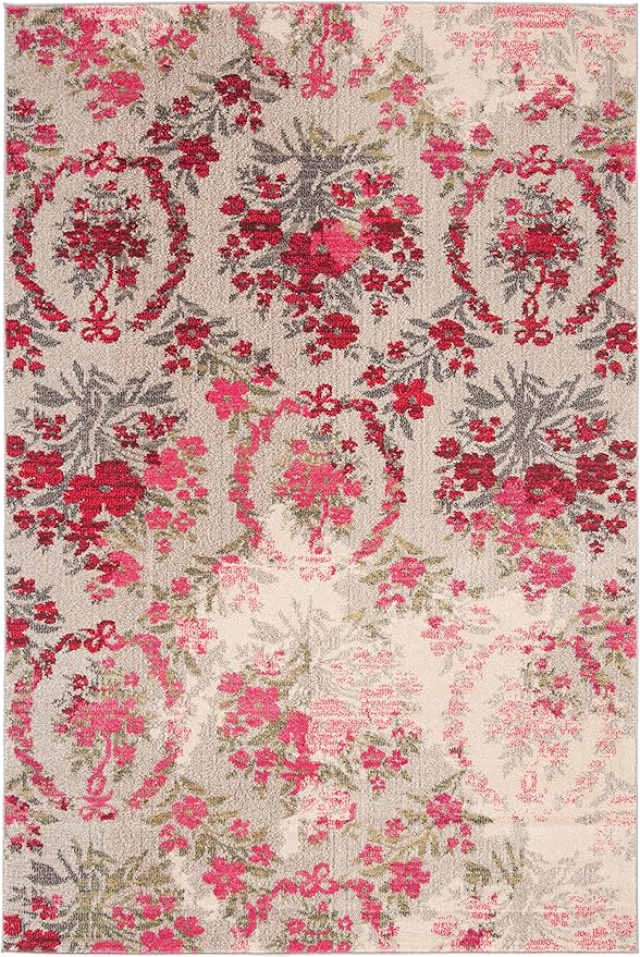 SAFAVIEH Monaco Collection Area Rug - 5'1" x 7'7", Ivory & Pink, Floral Design, Non-Shedding & Easy Care, Ideal for High Traffic Areas in Living Room, Bedroom (MNC205R)