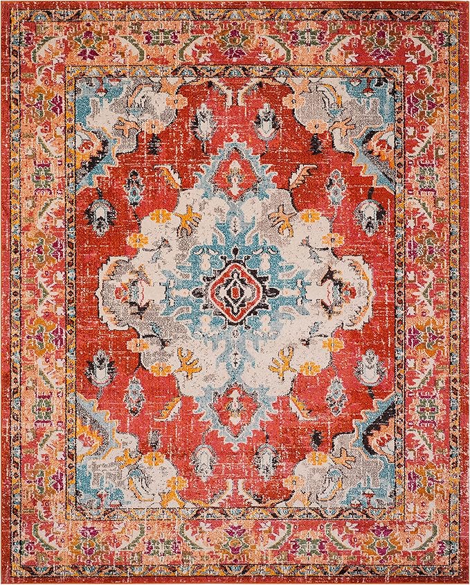 SAFAVIEH Monaco Collection Area Rug - 10' x 14', Orange & Light Blue, Non-Shedding & Easy to Clean, Distressed Medallion Design, Ideal for Living Room, Bedroom, Dining Space (MNC243H)