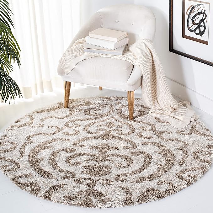 SAFAVIEH Florida Shag Collection Area Rug - 6'7" Round, Cream & Beige, Damask Design, Non-Shedding & Easy Care, 1.2-inch Thick Ideal for High Traffic Areas in Living Room, Bedroom (SG462-1113)