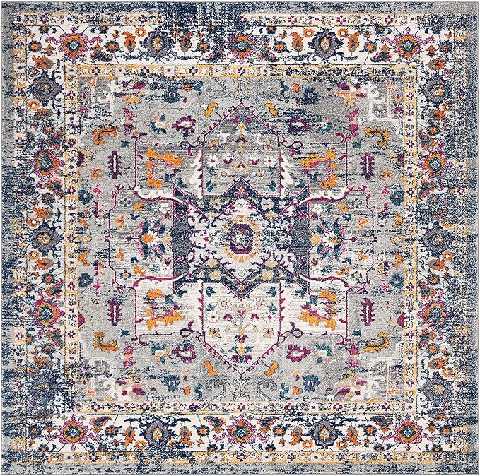 SAFAVIEH Evoke Collection Area Rug - 6'7" Square, Grey & Navy, Oriental Medallion Distressed Design, Non-Shedding & Easy Care, Ideal for High Traffic Areas in Living Room, Bedroom (EVK275G)