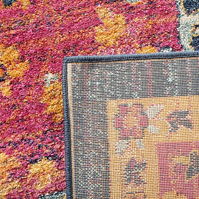 SAFAVIEH Evoke Collection Area Rug - 5'3" Square, Fuchsia & Orange, Oriental Medallion Distressed Design, Non-Shedding & Easy Care, Ideal for High Traffic Areas in Living Room, Bedroom (EVK275S)