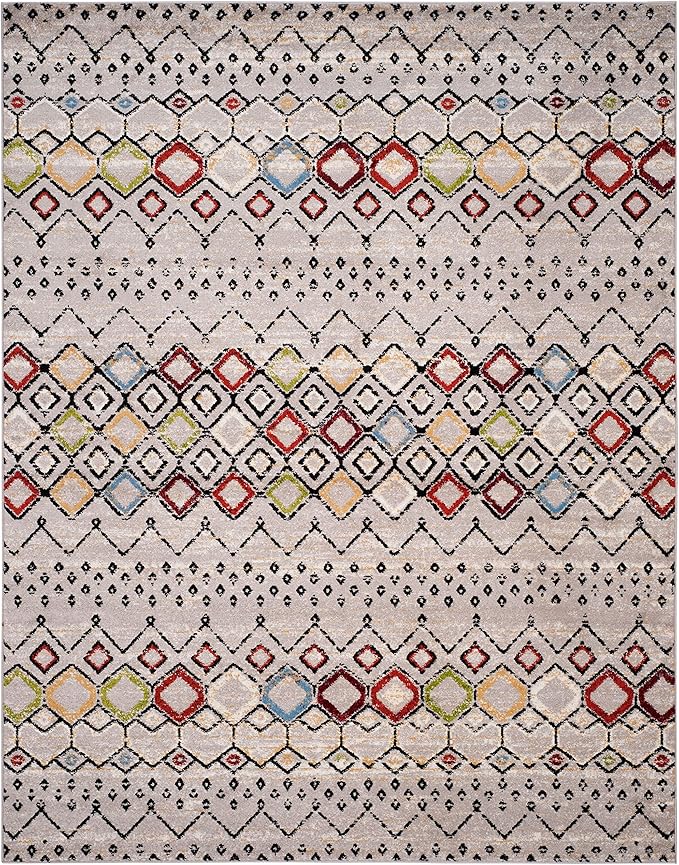 SAFAVIEH Amsterdam Collection Area Rug - 10' x 14', Light Grey & Multi, Moroccan Boho Design, Non-Shedding & Easy Care, Ideal for High Traffic Areas in Living Room, Bedroom (AMS108G)