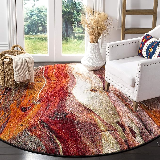 SAFAVIEH Glacier Collection 11' Round Red / Multi GLA126A Modern Abstract Non-Shedding Dining Room Entryway Foyer Living Room Bedroom Area Rug
