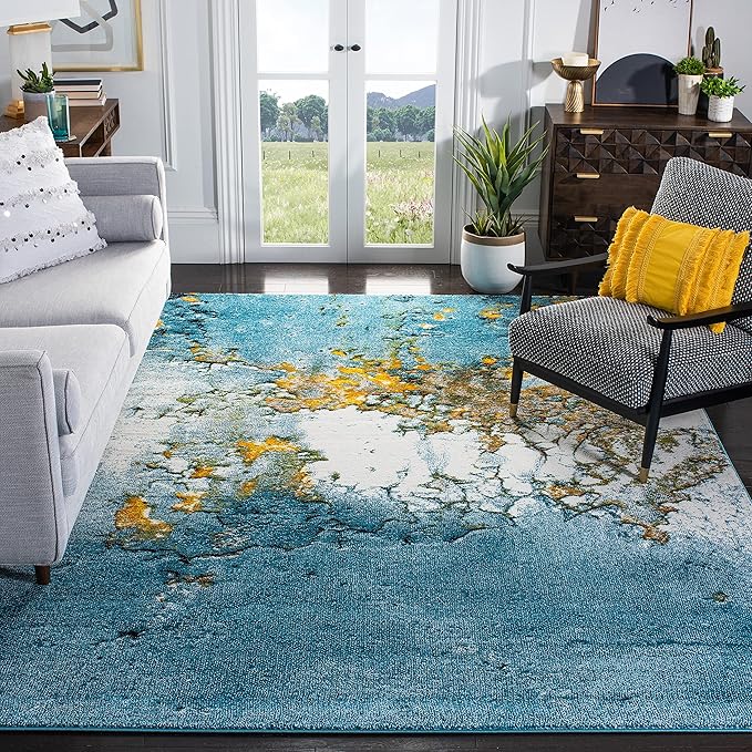 SAFAVIEH Glacier Collection Area Rug - 6'7" Square, Blue & Gold, Modern Abstract Design, Non-Shedding & Easy Care, Ideal for High Traffic Areas in Living Room, Bedroom (GLA125M)