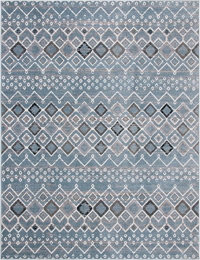 SAFAVIEH Amsterdam Collection Area Rug - 10' x 14', Blue & Ivory, Moroccan Boho Design, Non-Shedding & Easy Care, Ideal for High Traffic Areas in Living Room, Bedroom (AMS108L)