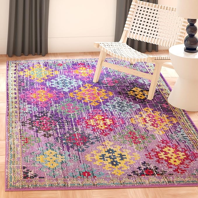 SAFAVIEH Monaco Collection Area Rug - 5'1" x 7'7", Purple & Multi, Boho Diamond Trellis Design, Non-Shedding & Easy Care, Ideal for High Traffic Areas in Living Room, Bedroom (MNC244P)