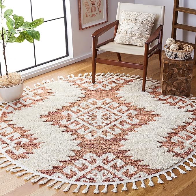 SAFAVIEH Moroccan Tassel Shag Collection Round Rug - 4' Round, Orange & Ivory, Contemporary Design, Ideal for High Traffic Areas in Living Room, Bedroom & Dining Room (MTS652P-4R)