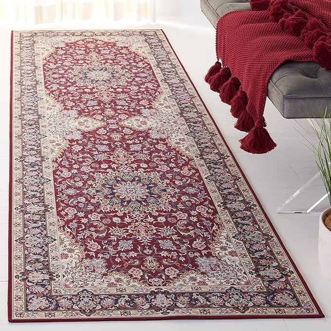 SAFAVIEH Washable Rug Tucson Collection - 2'6" x 10' Runner, Red & Navy, Slip Resistant & Easy to Clean, Ideal for Living Room, Bedroom, Dining Space (TSN135Q)