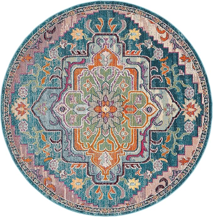 SAFAVIEH Crystal Collection Area Rug - 7' Round, Teal & Rose, Medallion Distressed Design, Non-Shedding & Easy Care, Ideal for High Traffic Areas in Living Room, Bedroom (CRS501T)
