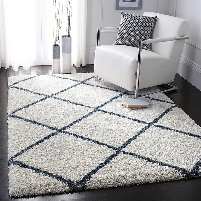 SAFAVIEH Hudson Shag Collection Accent Rug - 4' x 6', Ivory & Slate Blue, Trellis Design, Non-Shedding & Easy Care, 2-inch Thick Ideal for High Traffic Areas in Foyer, Living Room, Bedroom (SGH281T)