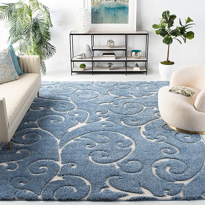 SAFAVIEH Area Rug 9x12 - Florida Shag Collection - Large - Light Blue & Cream, Scroll Design, Non-Shedding & Easy to Clean, High-Low Plush Pile, Ideal for Living Room, Bedroom, Dining (SG455-6011)