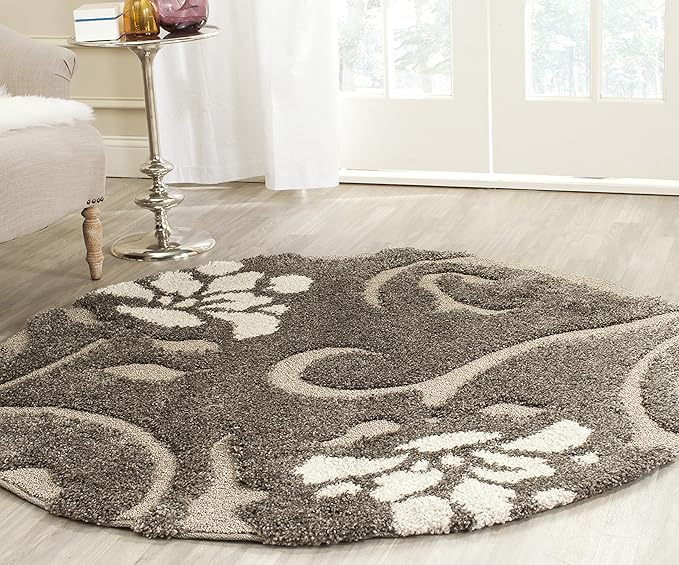 SAFAVIEH Florida Shag Collection Area Rug - 4' Round, Smoke & Beige, Floral Design, Non-Shedding & Easy Care, 1.2-inch Thick Ideal for High Traffic Areas in Living Room, Bedroom (SG464-7913)