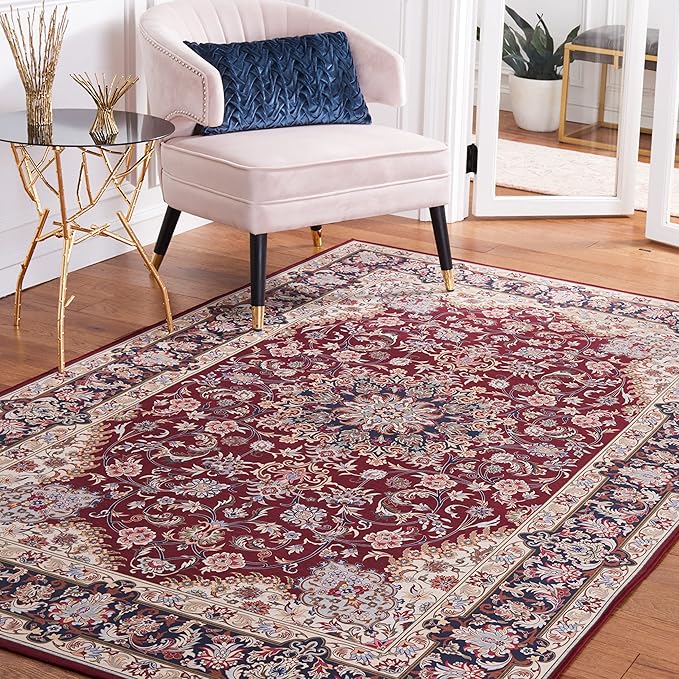 SAFAVIEH Washable Rug Tucson Collection - 4' x 6', Red & Navy, Slip Resistant & Easy to Clean, Ideal for Foyer, Kitchen, Nursery, Office, Bedroom (TSN135Q)