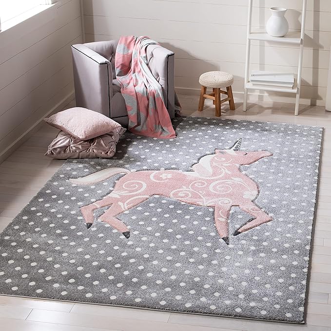 SAFAVIEH Carousel Kids Collection Area Rug - 5'3" Square, Grey & Ivory & Pink, Non-Shedding & Easy Care, Ideal for High Traffic Areas for Boys & Girls in Playroom, Nursery, Bedroom (CRK163G)