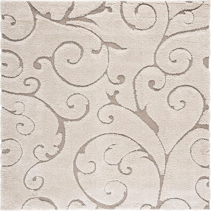 SAFAVIEH Florida Shag Collection Area Rug - 8' Square, Cream & Beige, Scroll Design, Non-Shedding & Easy to Clean, High-Low Plush Pile, Ideal for Living Room, Bedroom, Dining Space (SG455-1113)