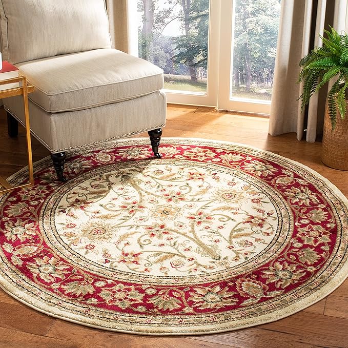 SAFAVIEH Lyndhurst Collection Area Rug - 5'3" Round, Ivory & Red, Traditional Oriental Design, Non-Shedding & Easy Care, Ideal for High Traffic Areas in Living Room, Bedroom (LNH212K)