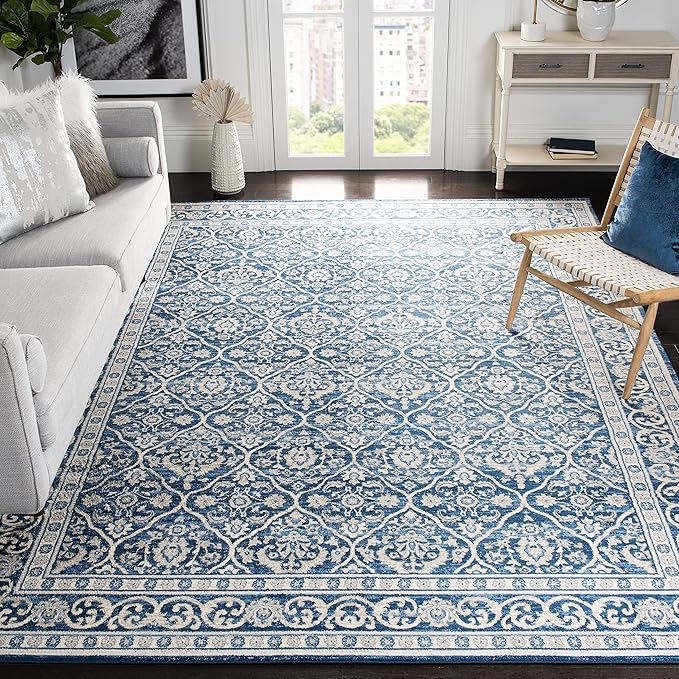 SAFAVIEH Brentwood Collection 10' x 13' Navy / Light Grey BNT870M Oriental Damask Trellis Non-Shedding Living Room Bedroom Dining Home Office Area Rug