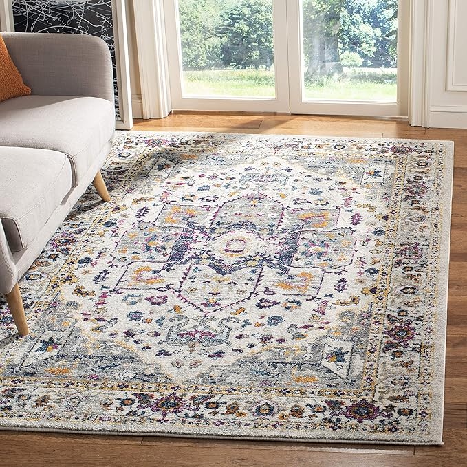 SAFAVIEH Evoke Collection Area Rug - 9' x 12', Ivory & Grey, Oriental Medallion Distressed Design, Non-Shedding & Easy Care, Ideal for High Traffic Areas in Living Room, Bedroom (EVK275A)