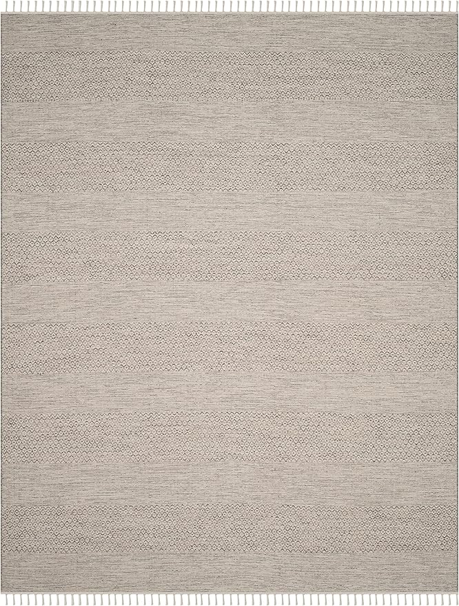 SAFAVIEH Montauk Collection Area Rug - 8' x 10', Ivory & Steel Grey, Handmade Flat Weave Boho Farmhouse Cotton Tassel Fringe, Ideal for High Traffic Areas in Living Room, Bedroom (MTK330M)