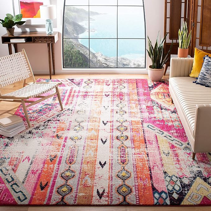 SAFAVIEH Monaco Collection X-Large Area Rug - 11' x 15', Magenta & Multi, Boho Chic Tribal Distressed Design, Non-Shedding & Easy Care, Ideal for High Traffic Areas in Living Room, Bedroom (MNC222D)