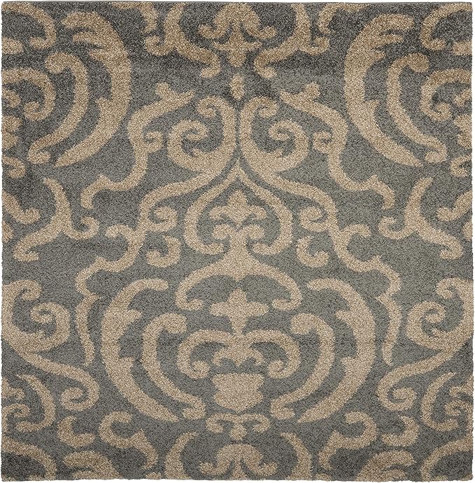 SAFAVIEH Florida Shag Collection Area Rug - 6'7" Square, Grey & Beige, Damask Design, Non-Shedding & Easy Care, 1.2-inch Thick Ideal for High Traffic Areas in Living Room, Bedroom (SG462-8013)
