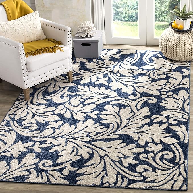 SAFAVIEH Amherst Collection Area Rug - 6' x 9', Navy & Ivory, Floral Design, Non-Shedding & Easy Care, Ideal for High Traffic Areas in Living Room, Bedroom (AMT425P)