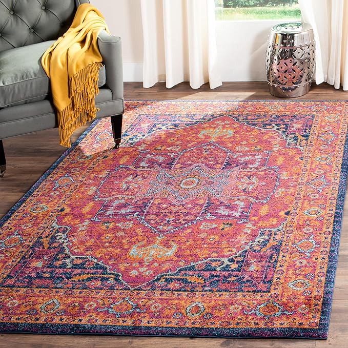 SAFAVIEH Evoke Collection 4' x 6' Fuchsia / Orange EVK275S Oriental Medallion Distressed Non-Shedding Living Room Bedroom Accent Rug