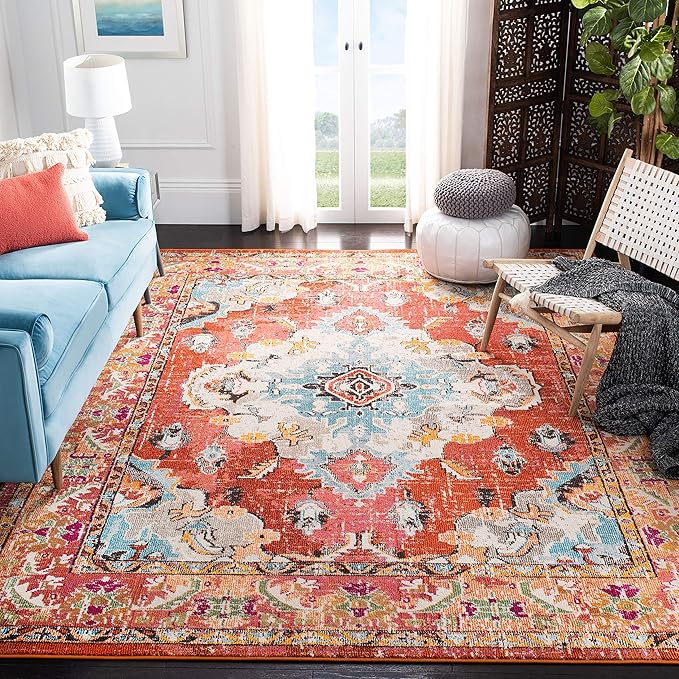 SAFAVIEH Monaco Collection Area Rug - 12' x 18', Orange & Light Blue, Non-Shedding & Easy to Clean, Distressed Medallion Design, Ideal for Living Room, Bedroom, Dining Space (MNC243H)