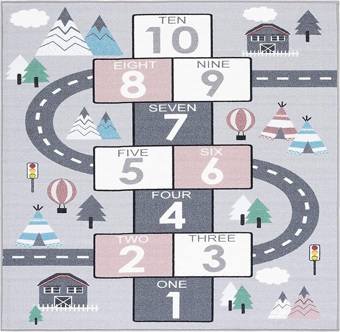 SAFAVIEH Washable Rug Kids Playhouse Collection - 5' Square, Grey & Pink, Slip Resistant & Easy to Clean, Ideal for Kids Room, Playroom, Nursery, Boys & Girls Room (KPH226A)