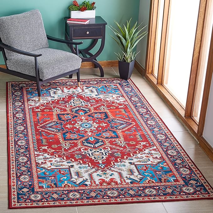 SAFAVIEH Washable Rug Tucson Collection - 6'6' x 9', Red & Blue, Slip Resistant & Easy to Clean, Ideal for Living Room, Bedroom, Dining Space (TSN101Q)