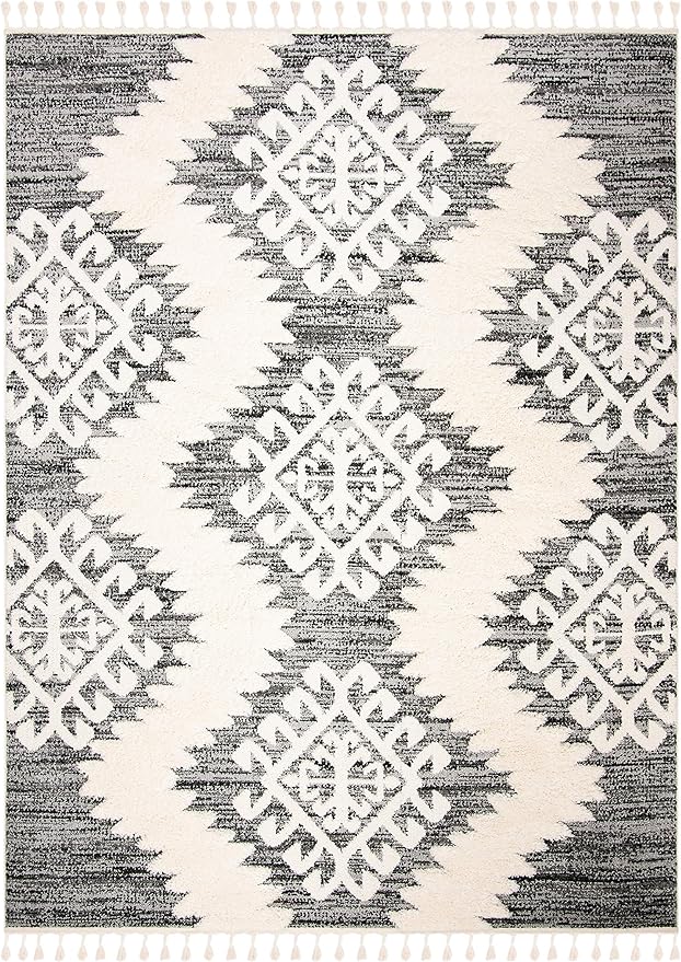 SAFAVIEH Moroccan Tassel Shag Collection Area Rug - 9' x 12', Ivory & Grey, Boho Design, Non-Shedding & Easy Care, 2-inch Thick Ideal for High Traffic Areas in Living Room, Bedroom (MTS652F)