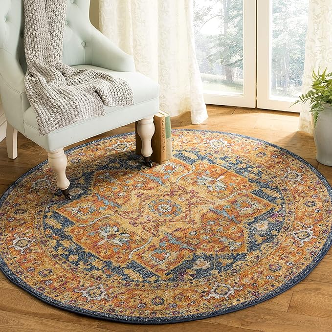 SAFAVIEH Evoke Collection Area Rug - 6'7" Round, Blue & Orange, Oriental Medallion Distressed Design, Non-Shedding & Easy Care, Ideal for High Traffic Areas in Living Room, Bedroom (EVK275C)